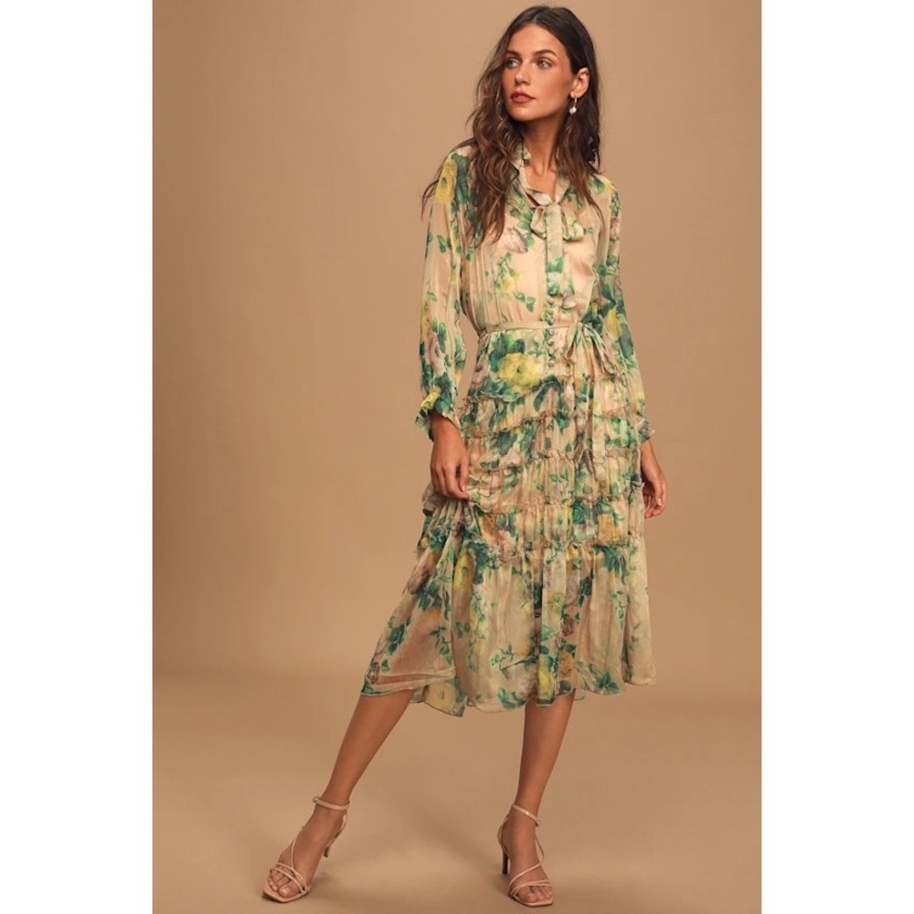 O.P.T Women's Cosmia Midi Dress Floral Ruffle Tiered Beige Green S Cottagecor